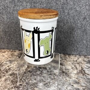Dog Treat Jar~w/ Wood Li~ GiftCo Canister~Framed Dog Faces White Glaze Ceramic